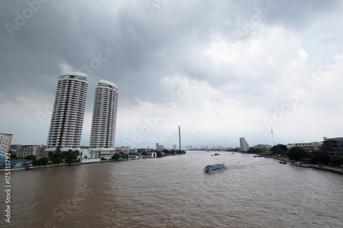 Photo of Chao Praya river, one of the biggest river in Thailand which is the main route for water transportation. This photo was taken from the bridge beside the Chao Praya river on SEPTEMBER 30.