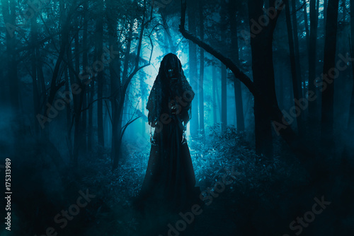 Fotografie, Obraz scary ghost lurking in the woods / high contrast image