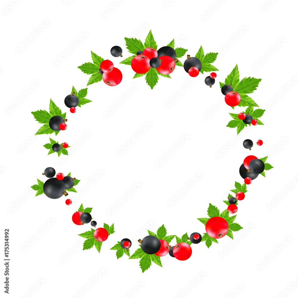 Black and red currant round frame isolated on white background. Vector high quality realistic illustration. Berries with leaves label for packaging design layout of juice or jam Black and red currant round frame isolated on white background. Vector high quality realistic illustration. Berries with leaves label for packaging design layout of juice or jam