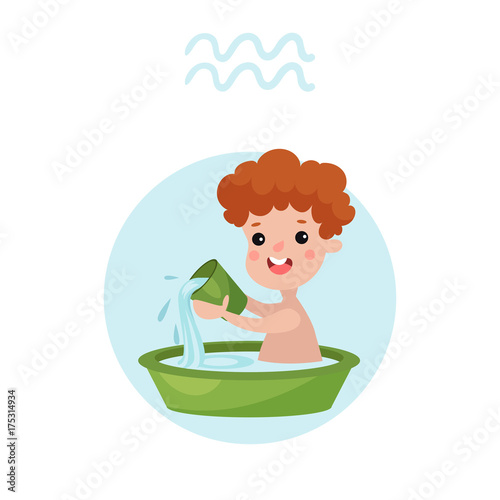 Cute little boy as Aquarius astrological sign, horoscope zodiac character colorful cartoon vector Illustration