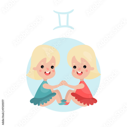 Cute little girl as Gemini astrological sign, horoscope zodiac character colorful cartoon vector Illustration