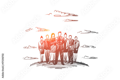 People leader concept. Hand drawn group of business people with leader at front. Successful businessman isolated vector illustration.