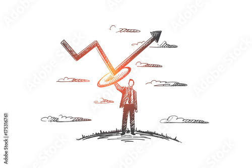 Protecting concept. Hand drawn man protecting business from crisis. Manager protect project from fall isolated vector illustration.