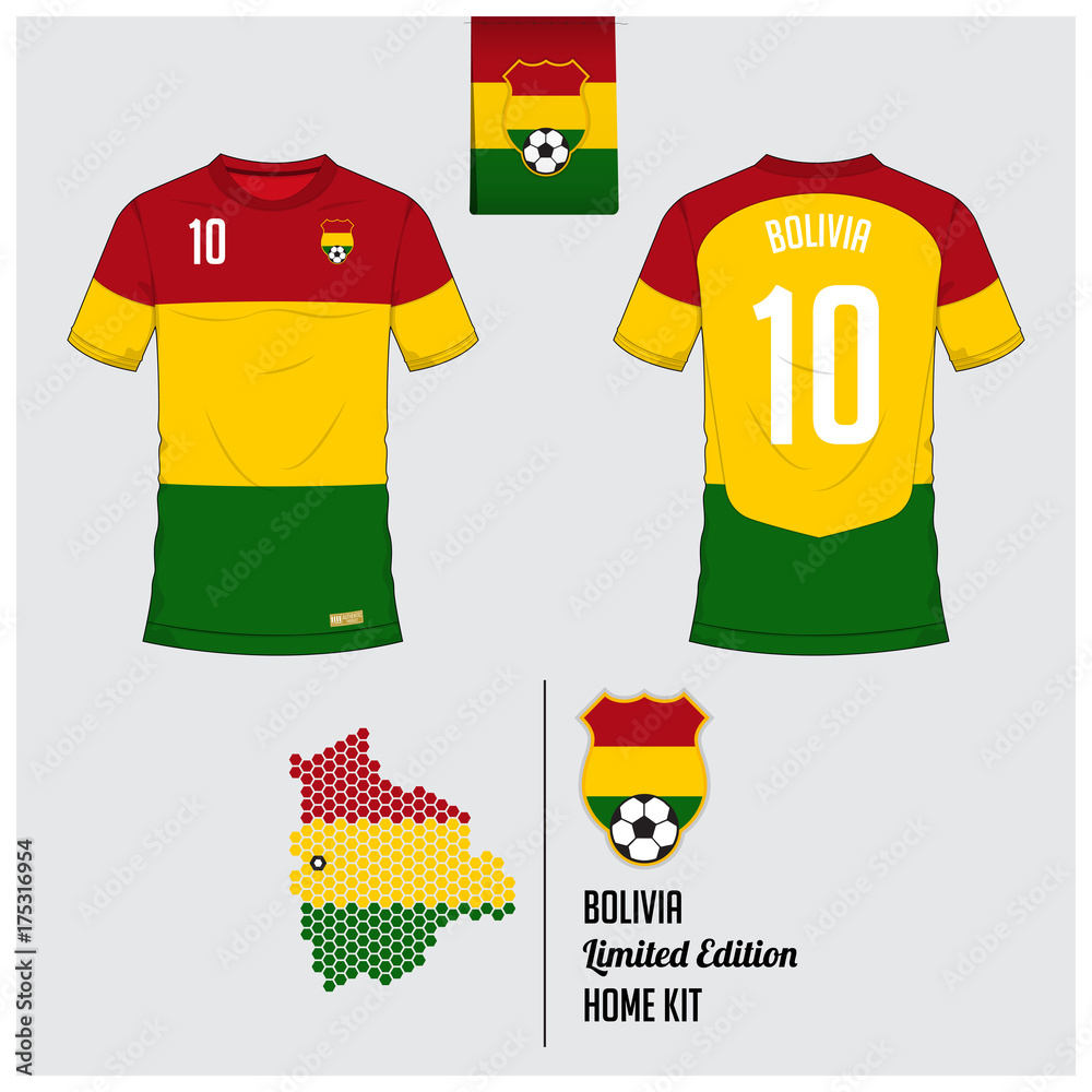 Soccer jersey or football kit, template for Bolivia National Football Team.  Front and back view soccer uniform. Flat football logo on Bolivia flag  label and map in hexagon pattern. Vector. Stock Vector