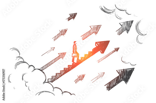 Start up concept. Hand drawn businessman start to climb up growth stair. Succesful business isolated vector illustration.