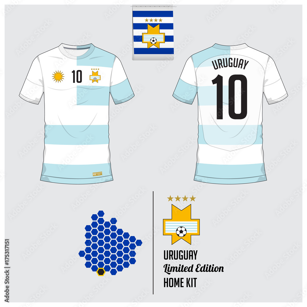Soccer jersey or football kit, template for Uruguay National Football Team.  Front and back view soccer uniform. Flat football logo on Uruguay flag  label and map in hexagon pattern. Vector. Stock Vector