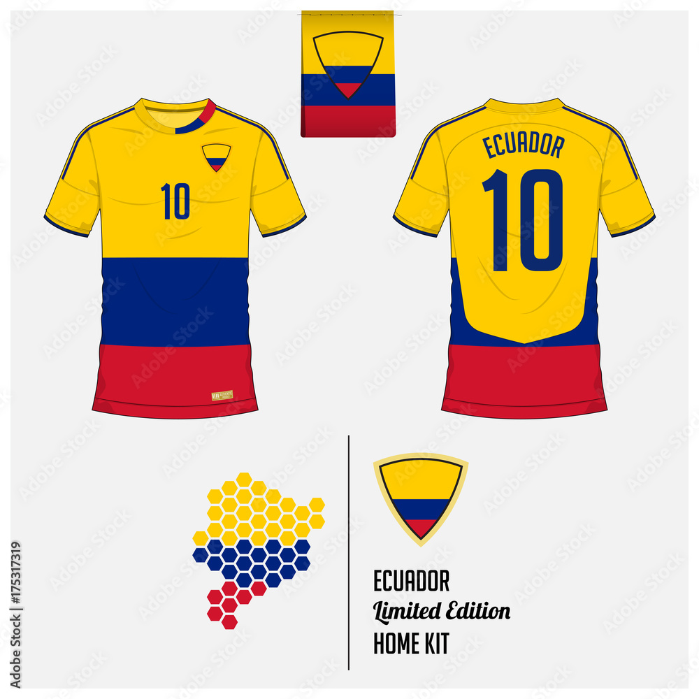 Soccer jersey or football kit, template for Ecuador National Football Team.  Front and back view soccer uniform. Flat football logo on Ecuador flag  label and map in hexagon pattern. Vector. Stock Vector