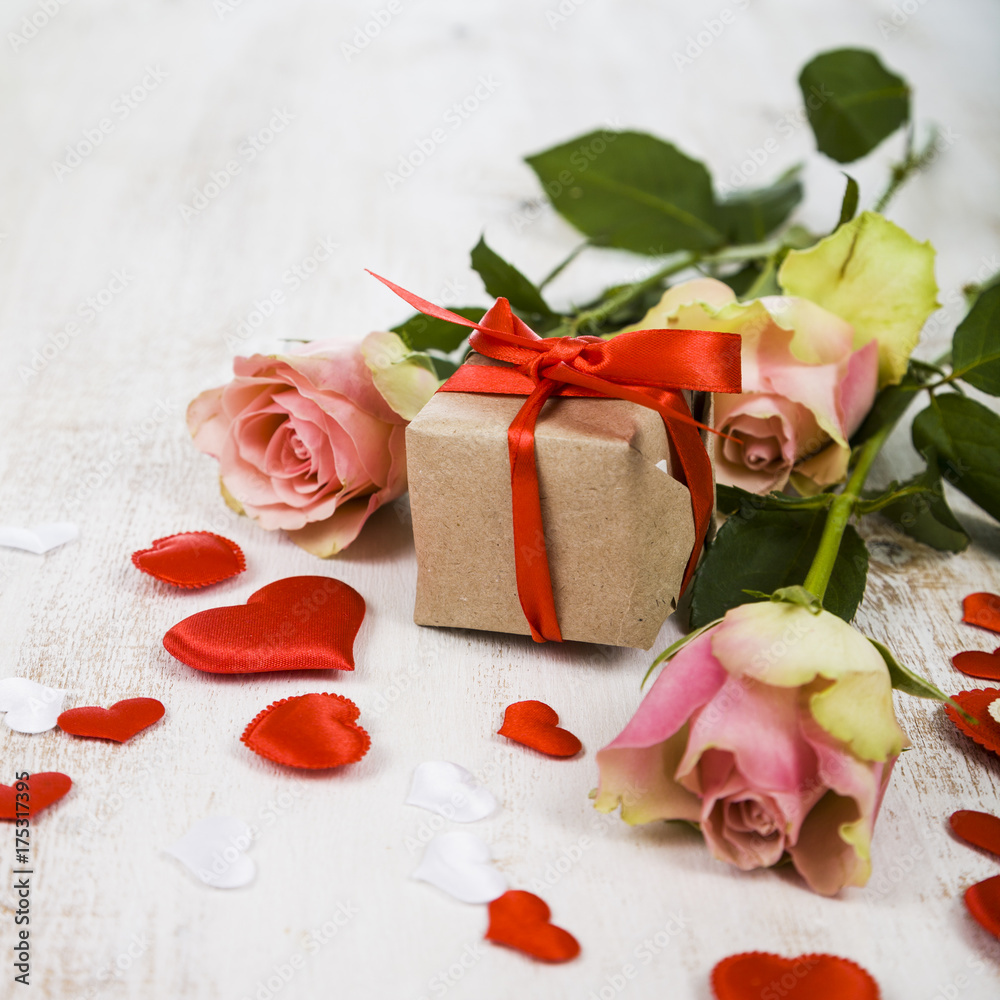 Pink roses, gift and hearts Pink roses, gift and hearts