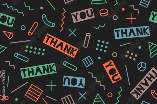 Seamless pattern for Thanksgiving Day. Seamless graphic pattern 90s trendy style on black background with text Thank You. Pattern with different shapes objects for wrapping paper. Vector Illustration