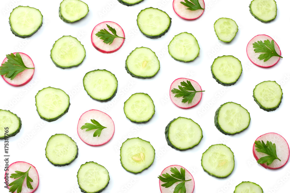 mix of sliced cucumber with sliced radish isolated on a white background top view mix of sliced cucumber with sliced radish isolated on a white background top view