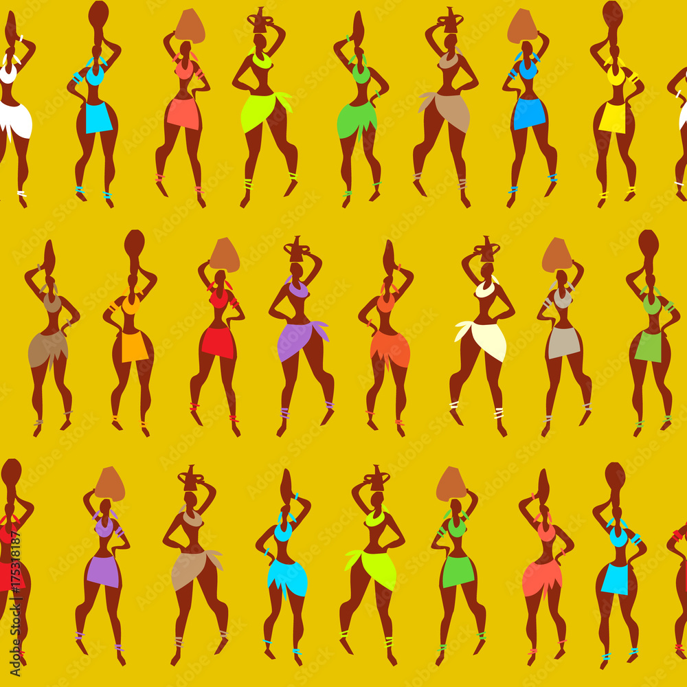 African pattern, a cheerful pattern with people. Multicolored woman on a yellow background.