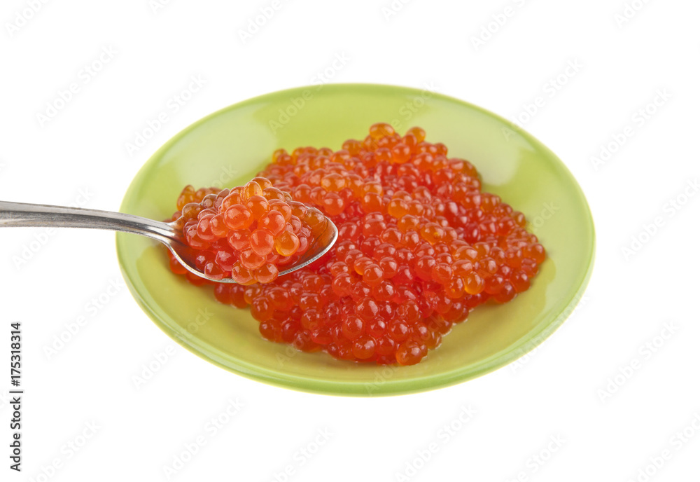 Red caviar in a green plate isolated on a white background Red caviar in a green plate isolated on a white background