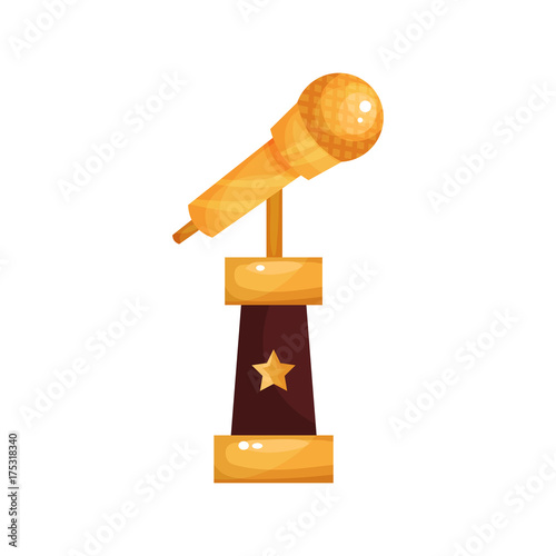 Golden retro microphone, music award statuette cartoon vector Illustration