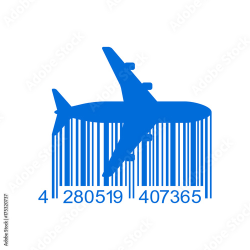 Icono plano codigo de barras avion horizontal azul en fondo blanco