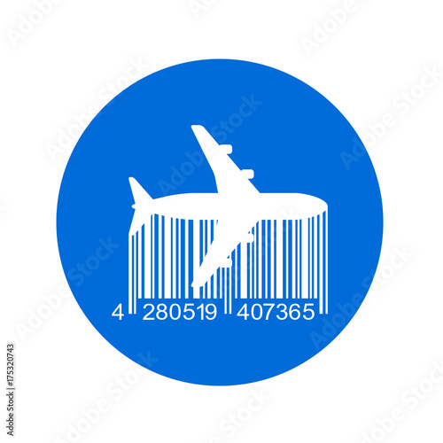 Icono plano codigo de barras avion horizontal en circulo azul