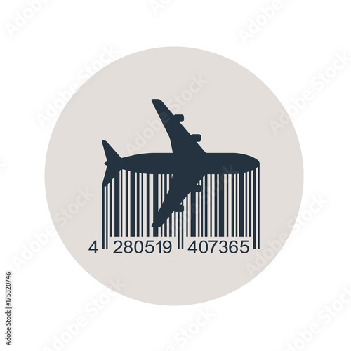 Icono plano codigo de barras avion horizontal en circulo gris