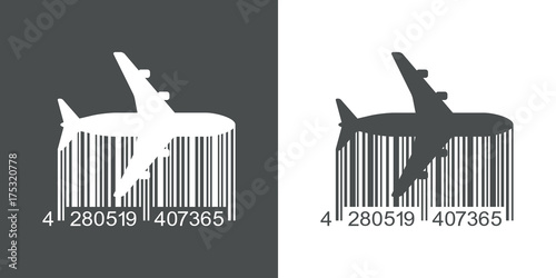 Icono plano codigo de barras avion horizontal gris y blanco