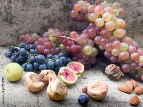 Grapes, figs, almonds still life