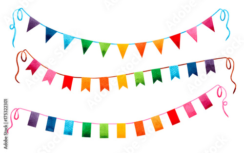 Watercolor painting colorful flags garland isolated on white background.Rainbow color flag garland,bright buntings garlands illustration for invitation card design,carnival, greetings,event backdrop.
