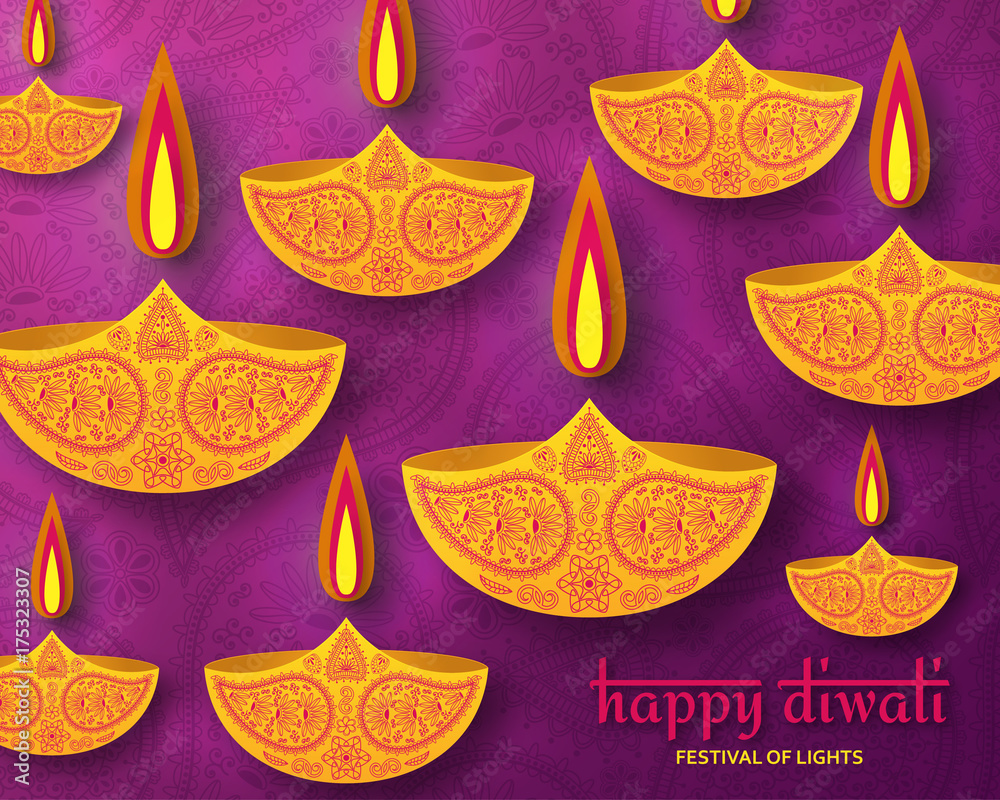 Greeting card for Diwali festival celebration in India. Vector illustration
