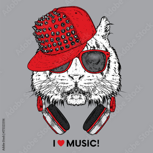 Fototapeta Naklejka Na Ścianę i Meble -  Tiger in glasses, a cap and headphones. Vector illustration. The animal is a hipster. Music, fashion and style. Print on clothes, postcard and printed products.