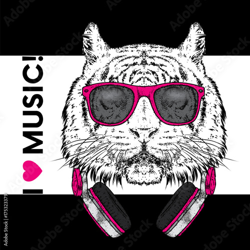 Fototapeta Naklejka Na Ścianę i Meble -  Tiger in glasses and headphones. Vector illustration. The animal is a hipster. Music, fashion and style. Print on clothes, postcard and printed products.
