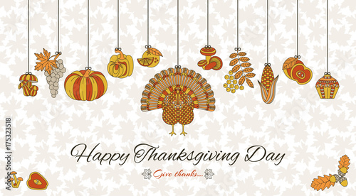 Thanksgiving day greeting card. Various elements for design. Cartoon vector illustration.