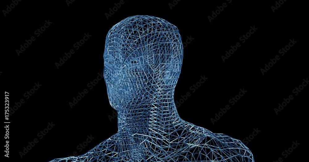 Rotating head made of lattice structures, wires, wireframe, 3d animation,.Includes black and white alpha matte