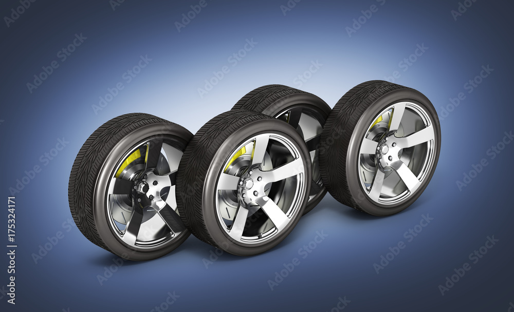 Car wheels with brake isolated on dark blue gradient background 3d Car wheels with brake isolated on dark blue gradient background 3d