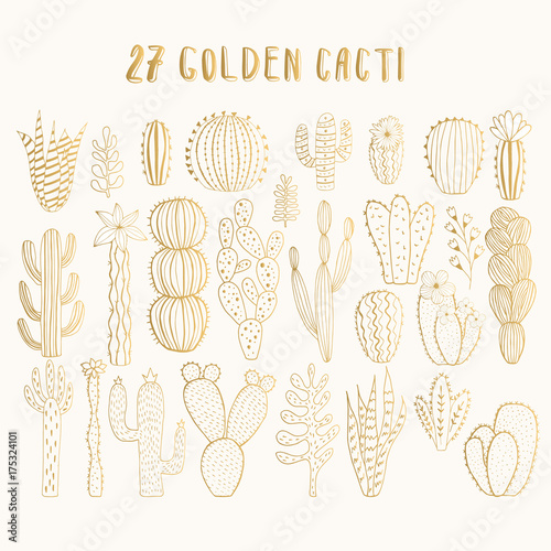 Golden cactus collection. Vector. Isolated.