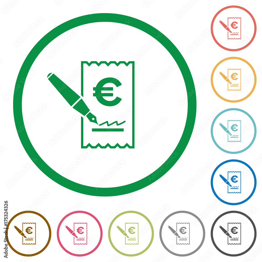 Signing Euro cheque flat icons with outlines