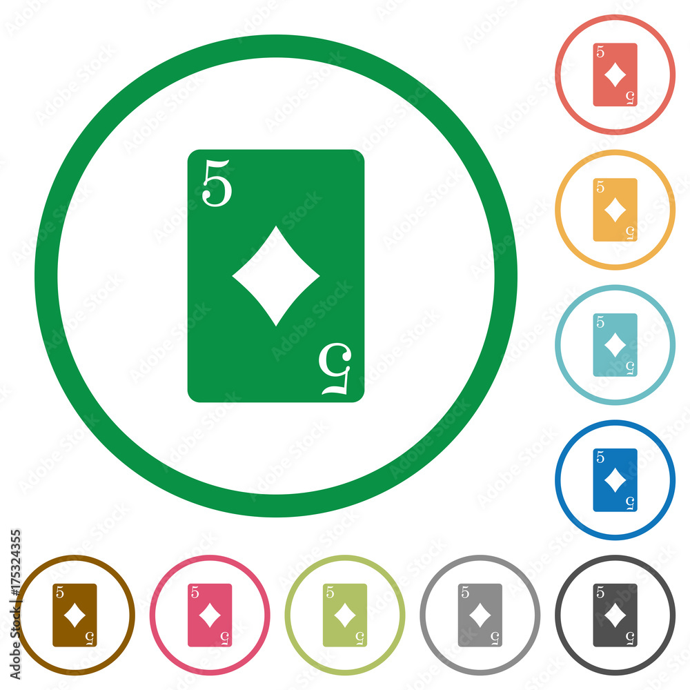 Five of diamonds card flat icons with outlines Five of diamonds card flat icons with outlines