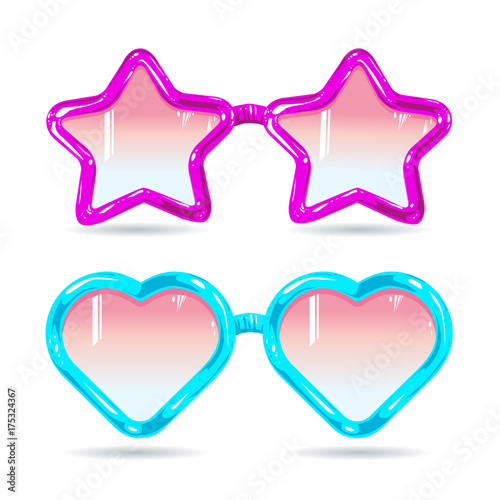 glasses style disco glasses in the shape of hearts and stars in purple and blue