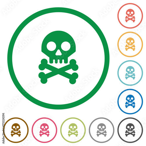 Skull with bones flat icons with outlines