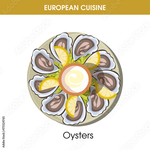 European cuisine oysters gourment traditional dish food vector icon for restaurant menu