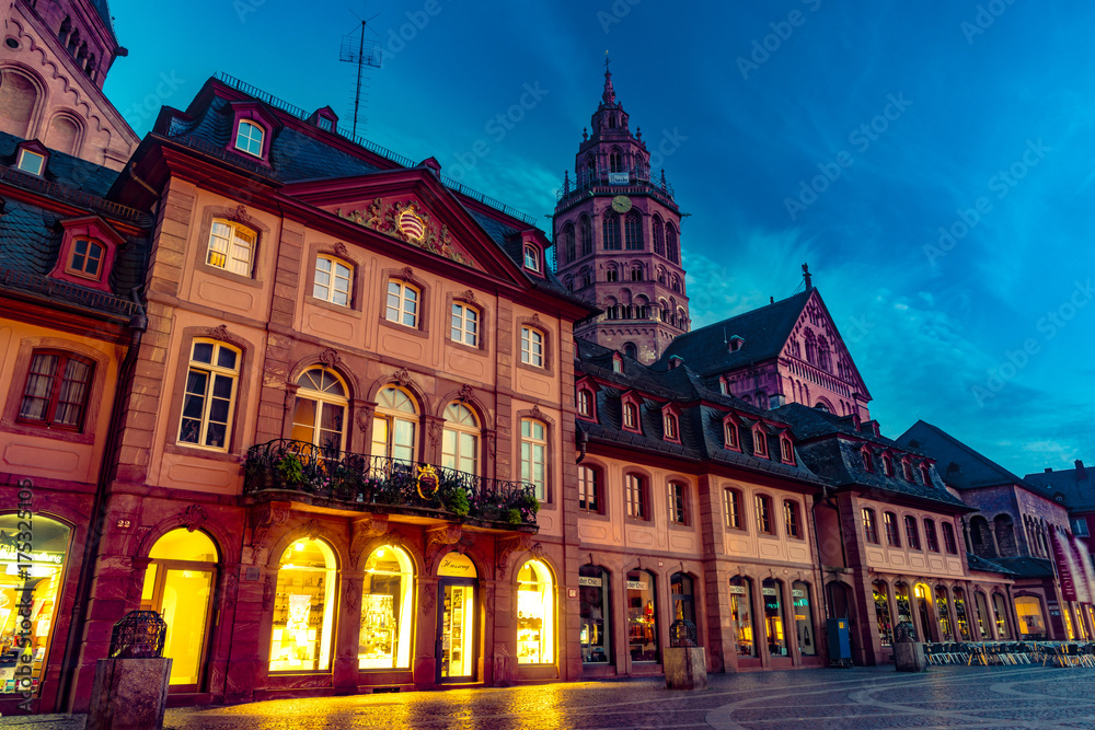View of the Mainz Cathedral and Markt square at night. Beautiful architecture of old town in night illumination. Mainz, Rhineland-Palatinate, Germany.
