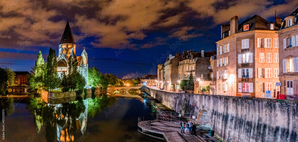 Cityscape with Temple Neuf at night in Metz, Lorraine, France