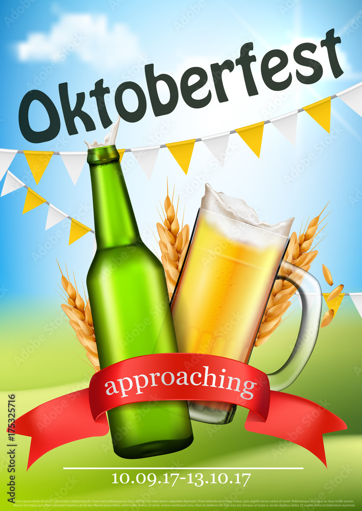 Approaching Oktoberfest promo poster, flyer or invitation with opened ...
