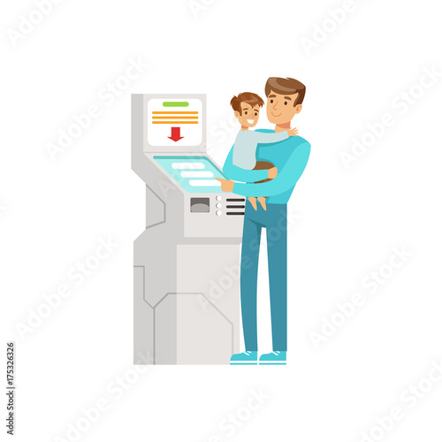 Young man with kid in his hands using electronic self service payment terminal, people carrying out operations with terminal vector Illustration