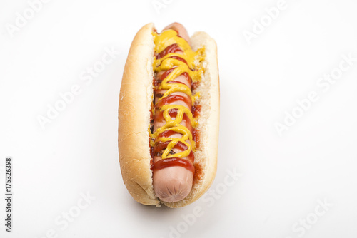 Hot dog with ketchup and mustard on white background. Isolated. Fastfood.