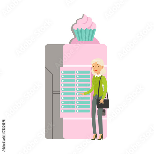 Young woman using ice cream automatic vending machine vector Illustration