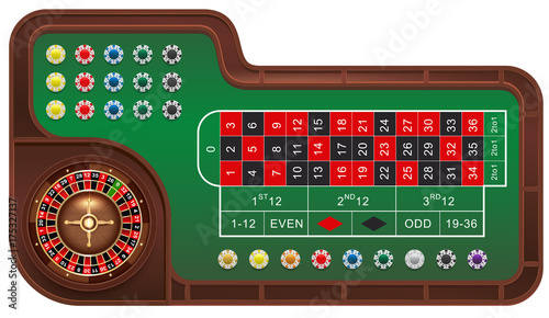 Casino gambling roulette table and chips
