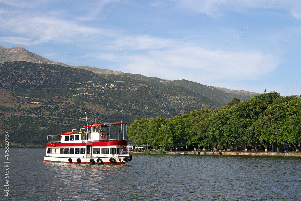 the ship sails on the lake Ioannina Greece