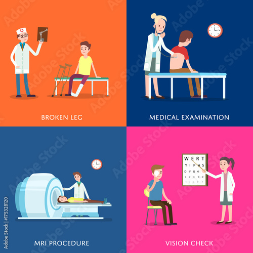 Medical treatment and healthcare posters. Clinical analysis, treatment of bone fractures, tomography scanning procedure, vision check, medical examination. Doctor visit in clinic vector illustration