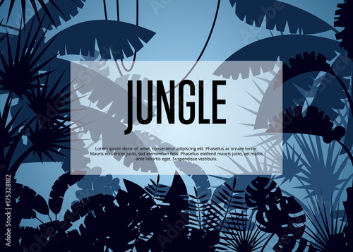 Deep tropical jungle poster. Floral landscape, wildlife concept, wood silhouettes, evening rainforest background. Night forest backdrop with palm leaves and trees vector illustration in cartoon style