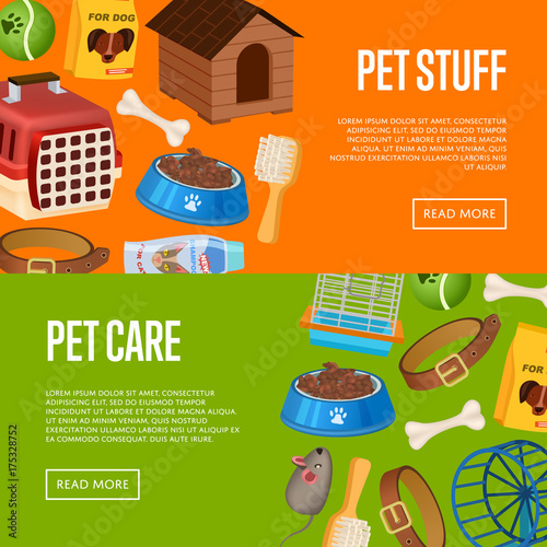 Pet care poster in cartoon style. Pet store advertisement with animal preserved food, toys and vet care accessories. Veterinary clinic and homeless animals shelter vector illustration template.