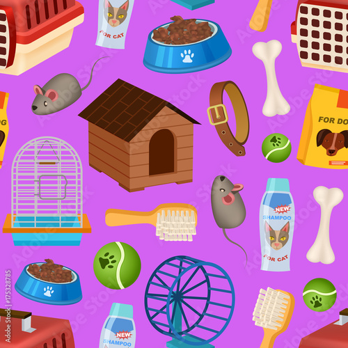 Pet shop seamless pattern in cartoon style. Pet store backdrop with animal preserved food, toys and vet care accessories. Veterinary clinic and homeless animals shelter vector illustration template.