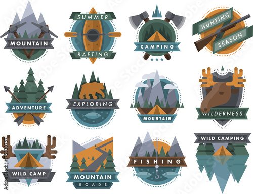 Camping outdoor tourist travel logo scout badges template emblems vector illustration set