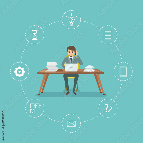 Time management poster with businessman in office. Time planning and control for effiecient succesful and profitable business. Effective working time organization vector illustration in flat style.