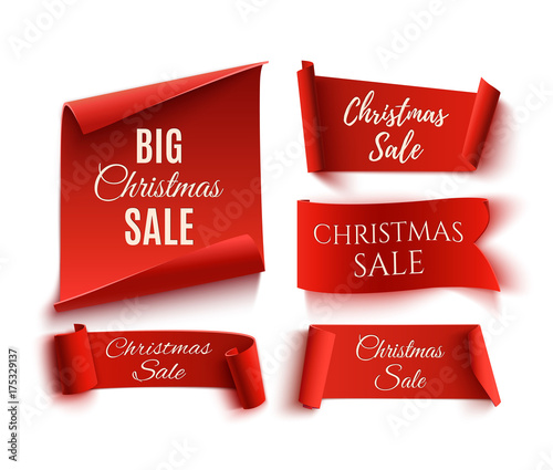 Set of five red Christmas Sale realistic paper banners.